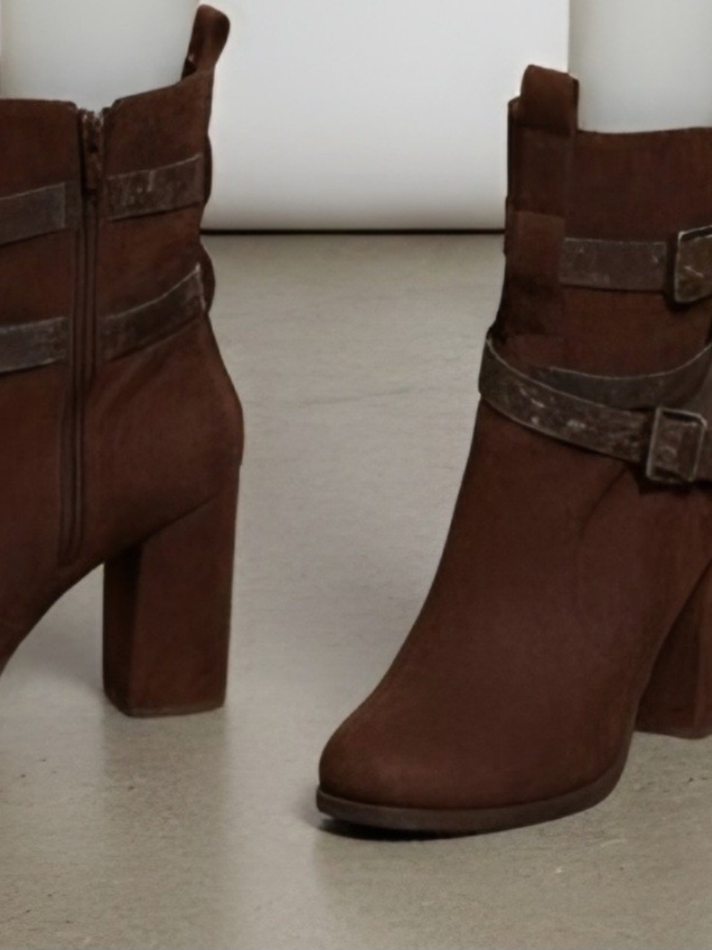Brown Suede Block Heel Ankle Boots with Decorative Straps
